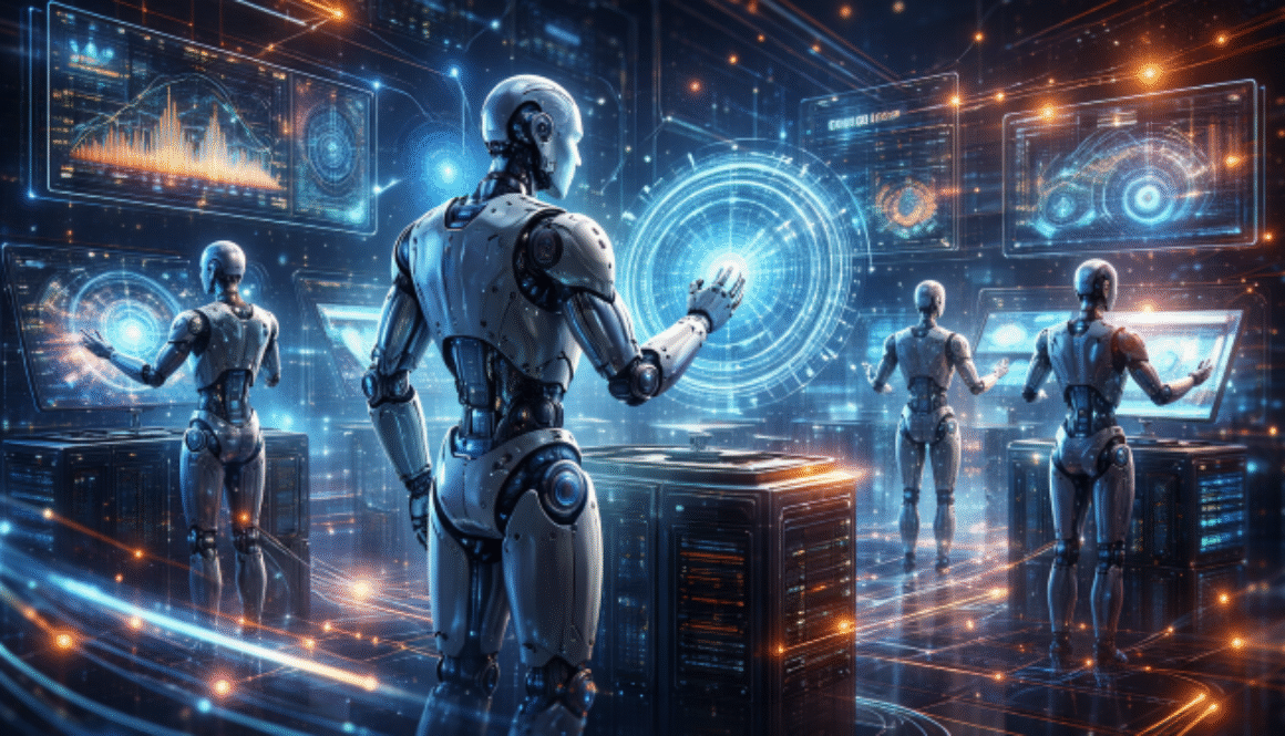 Autonomous AI agents operating inside enterprise systems, illustrating identity and access risks highlighted in the 2026 CISO AI Risk Report