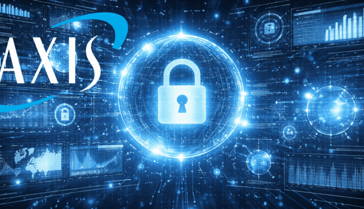 AXIS Capital AI cybersecurity visualization showing digital lock and data networks