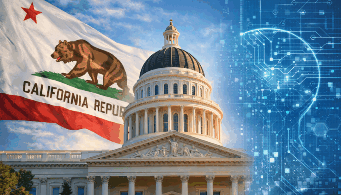 California State Capitol with California Republic flag and abstract artificial intelligence circuitry