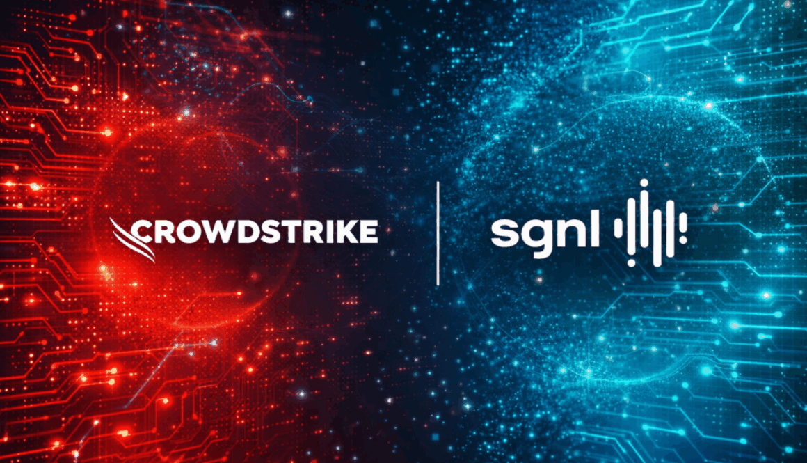 CrowdStrike and SGNL logos displayed on a split red and blue digital background representing identity security and AI systems
