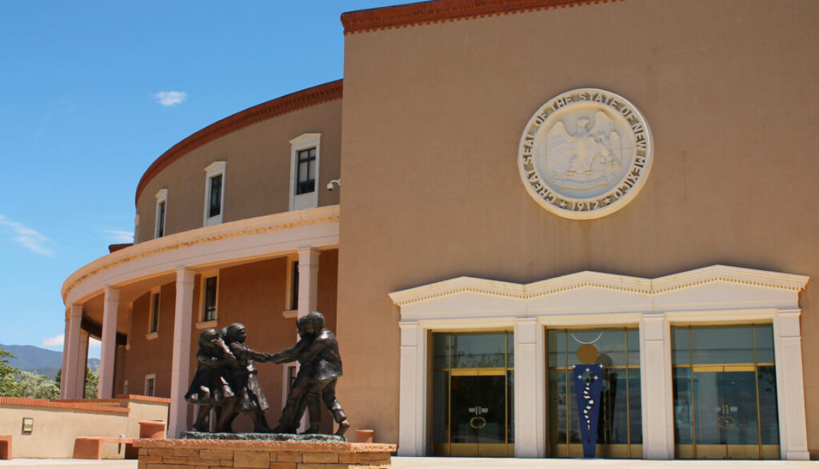 New Mexico State Capitol in Santa Fe, where lawmakers will consider legislation regulating AI-generated synthetic media