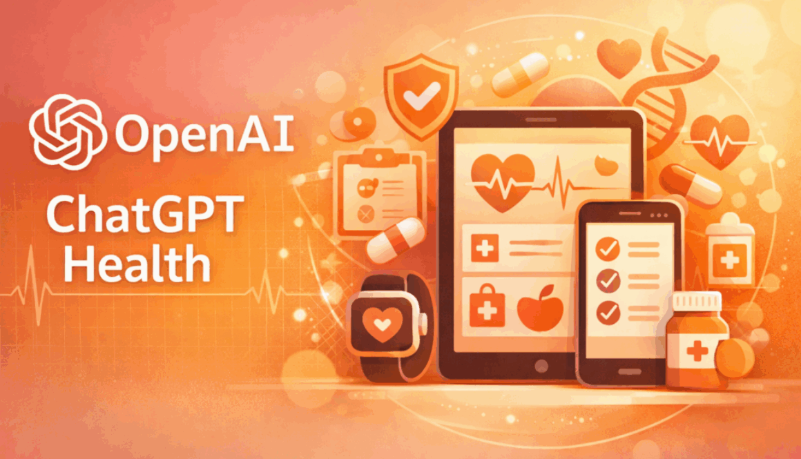 Illustration showing OpenAI logo with digital health icons representing ChatGPT Health and connected medical data