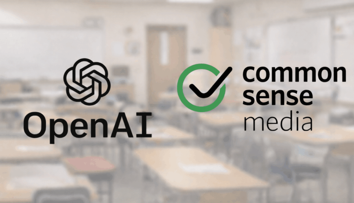 OpenAI and Common Sense Media logos displayed over a blurred classroom background