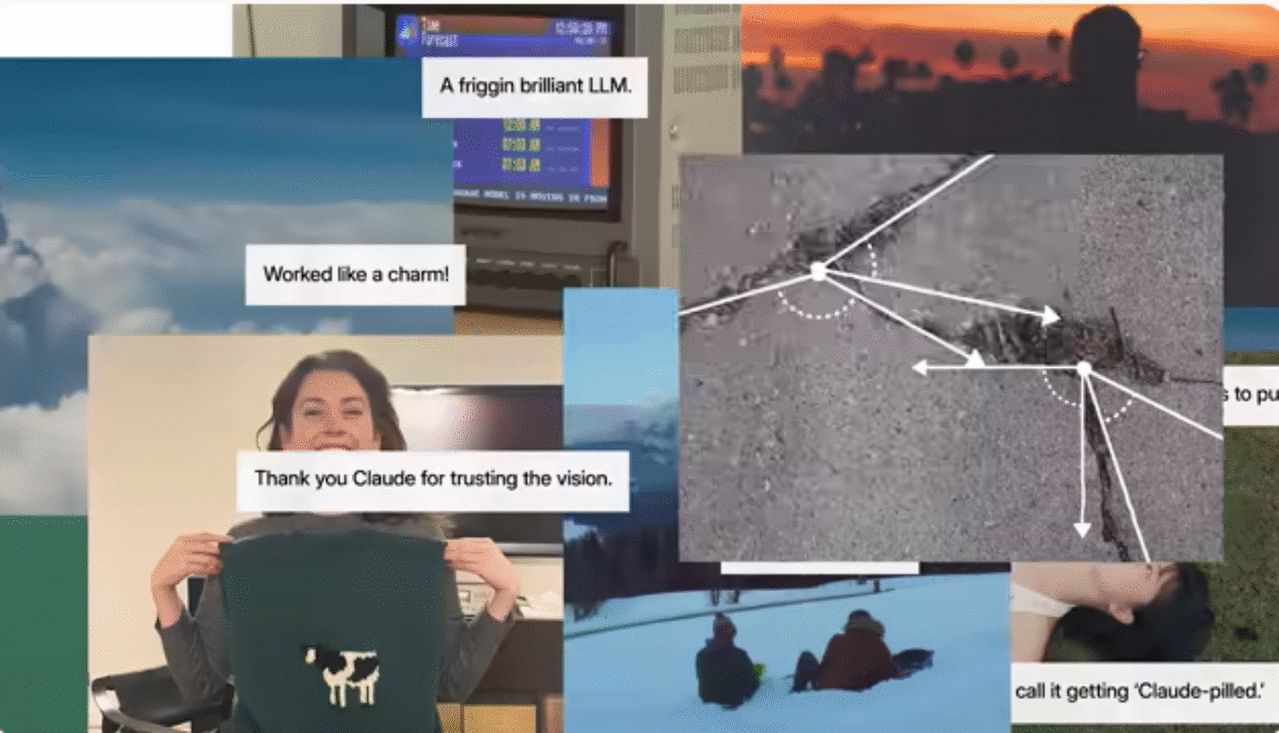 Collage of user reactions and technical visuals related to Anthropic’s Claude AI model, representing real-world testing and AI system capabilities.