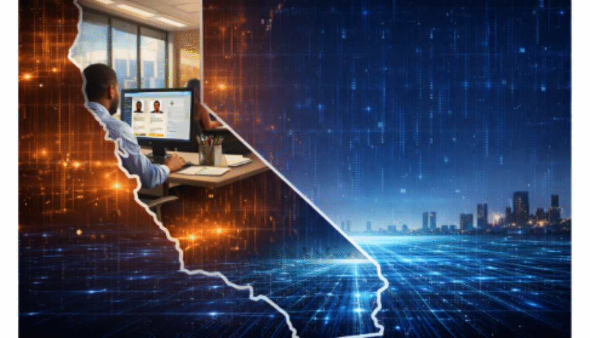 California outlined over office and digital landscape illustrating limits on AI use in workplace discipline