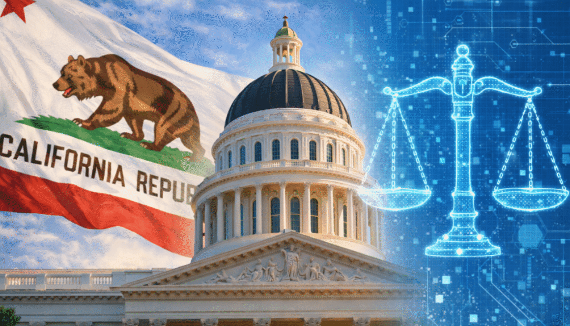 California State Capitol and California flag with a digital scale of justice representing regulation of artificial intelligence in law