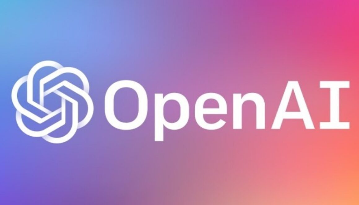 OpenAI logo displayed against a purple, pink, and orange gradient background