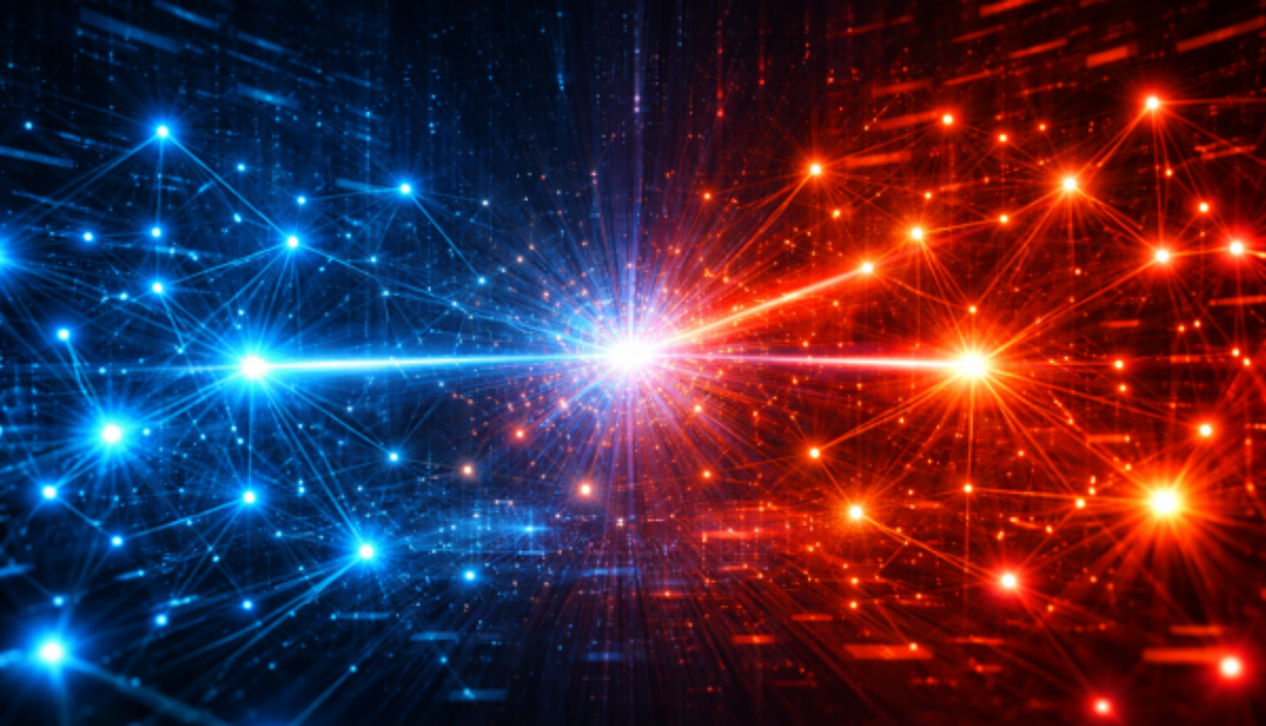 Abstract digital illustration showing opposing networks of blue and red light sources colliding in a simulated AI red-teaming competition