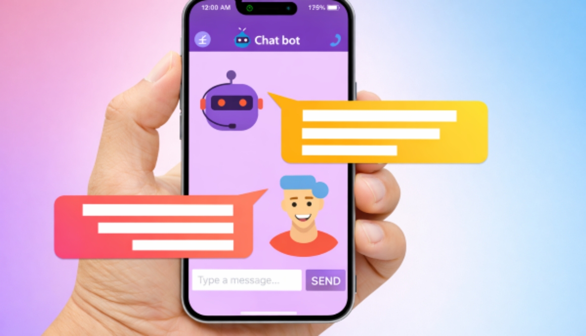 Illustration of a smartphone showing a conversation between a user and an AI chatbot