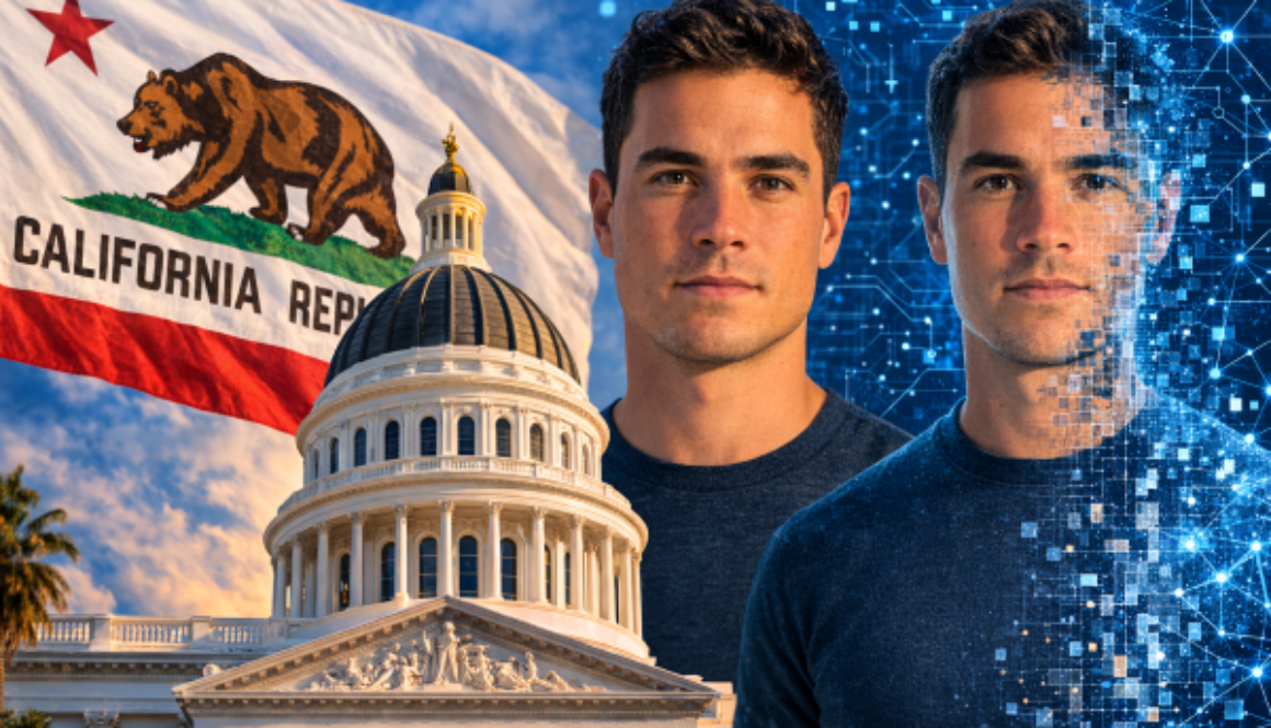 Illustration of identical twins with one digitally pixelated standing in front of the California State Capitol and state flag, representing AI-generated digital replicas.