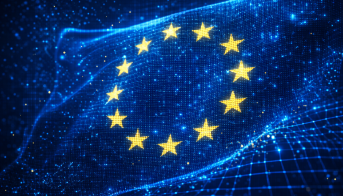 Digitized European Union flag with glowing stars representing AI regulation and digital governance