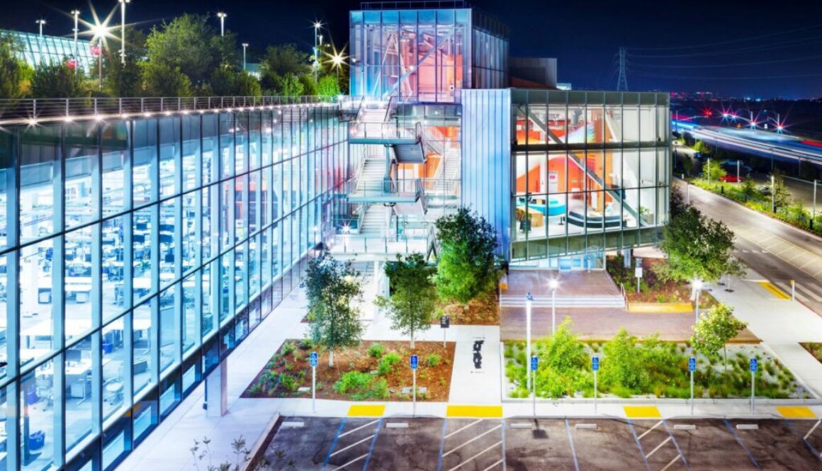 Meta headquarters campus building at night in Menlo Park California