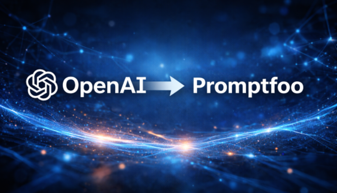 Illustration showing the OpenAI logo pointing to the Promptfoo name with an arrow on a digital technology background representing OpenAI’s acquisition of the AI testing platform.