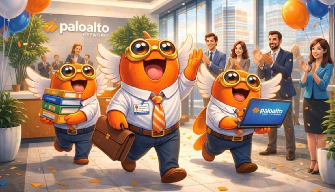 Illustration of AI agents performing business tasks inside a corporate office environment