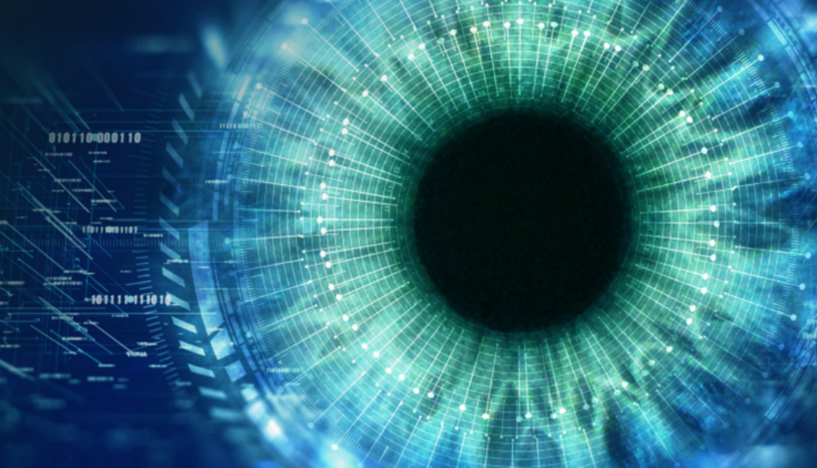 Abstract digital eye representing AI systems monitoring data and cybersecurity risk