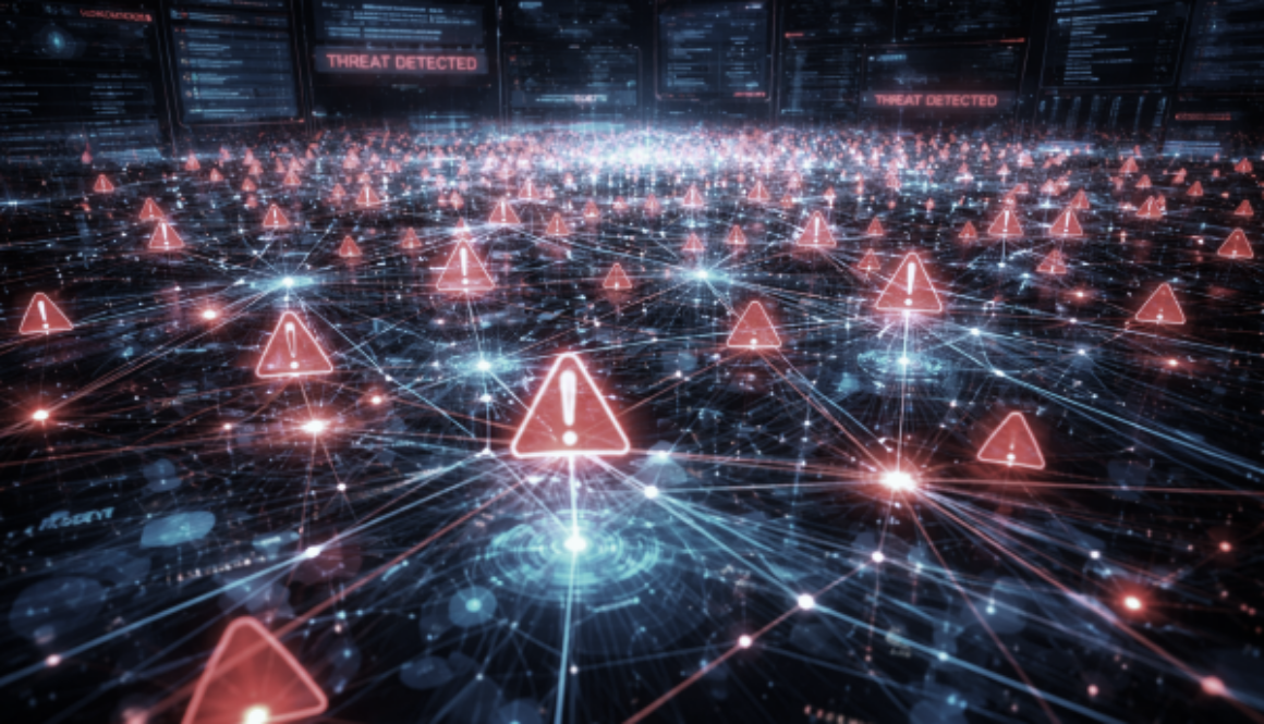 Abstract visualization of thousands of cyber threats being detected across global systems by Anthropic Mythos AI