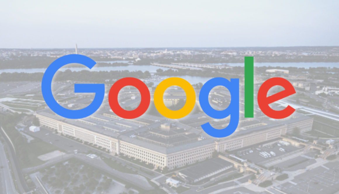 Google logo over the Pentagon building representing a classified AI contract between Google and the U.S. Department of Defense