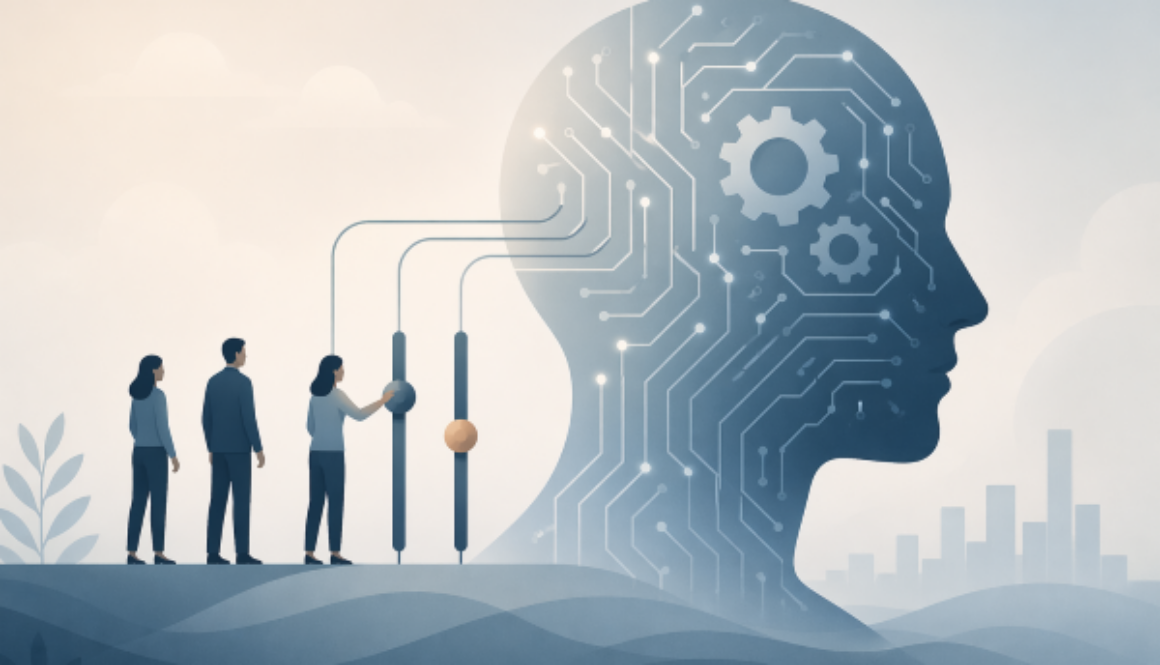 Abstract illustration of people adjusting controls connected to an AI system, representing human oversight and governance of artificial intelligence