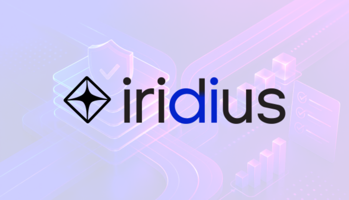 Iridius logo over an abstract background representing AI compliance and governance workflows