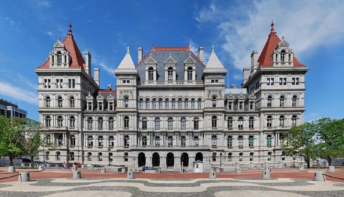 New York State Capitol building in Albany viewed from the plaza in daylight