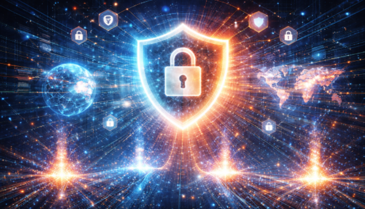 Abstract visualization of AI-driven cybersecurity testing with a central digital shield and flowing data streams representing controlled access to security tools