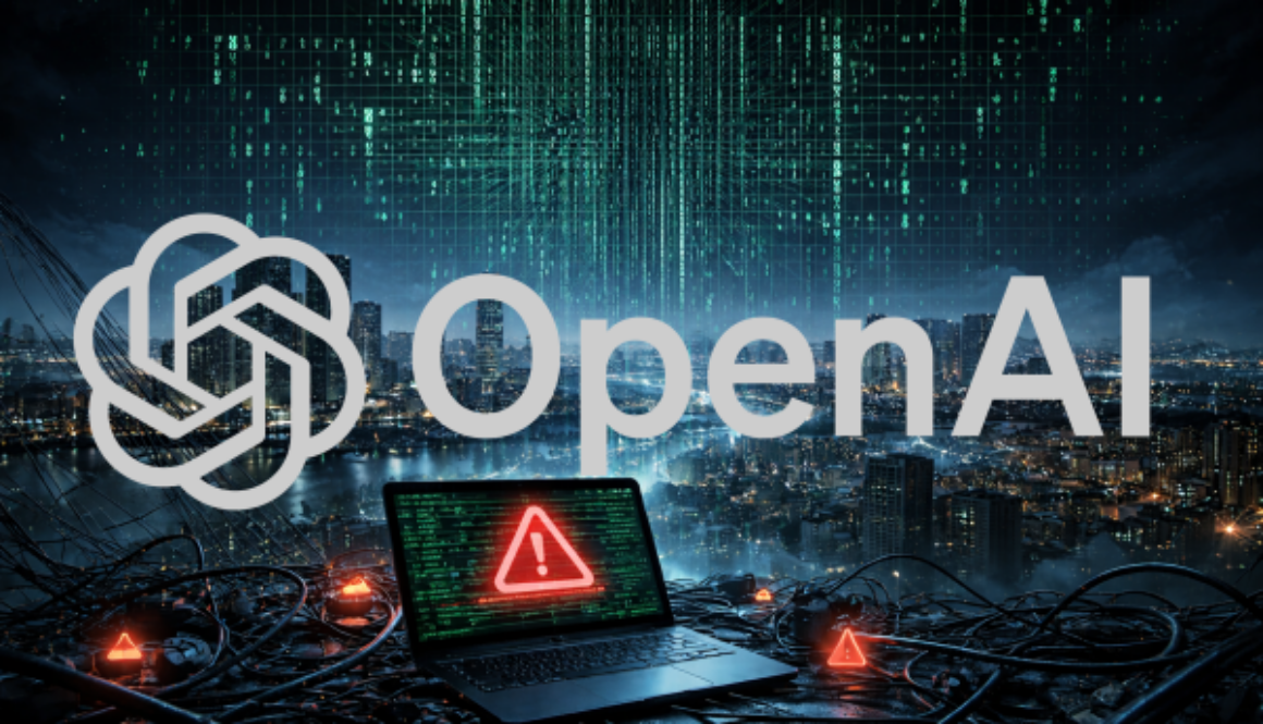 Abstract cyber risk visualization showing a laptop with warning alert overlooking a digital cityscape, representing large-scale AI system risks and regulatory oversigh