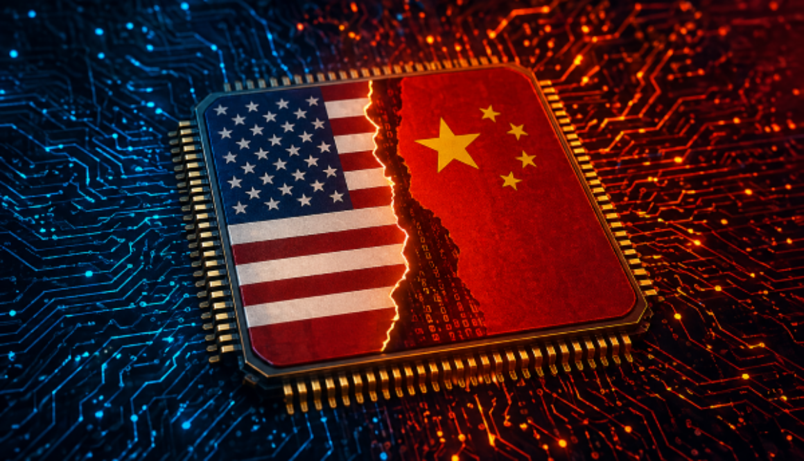 Microchip displaying U.S. and China flags split by a crack, representing tensions over alleged AI intellectual property theft and model replication