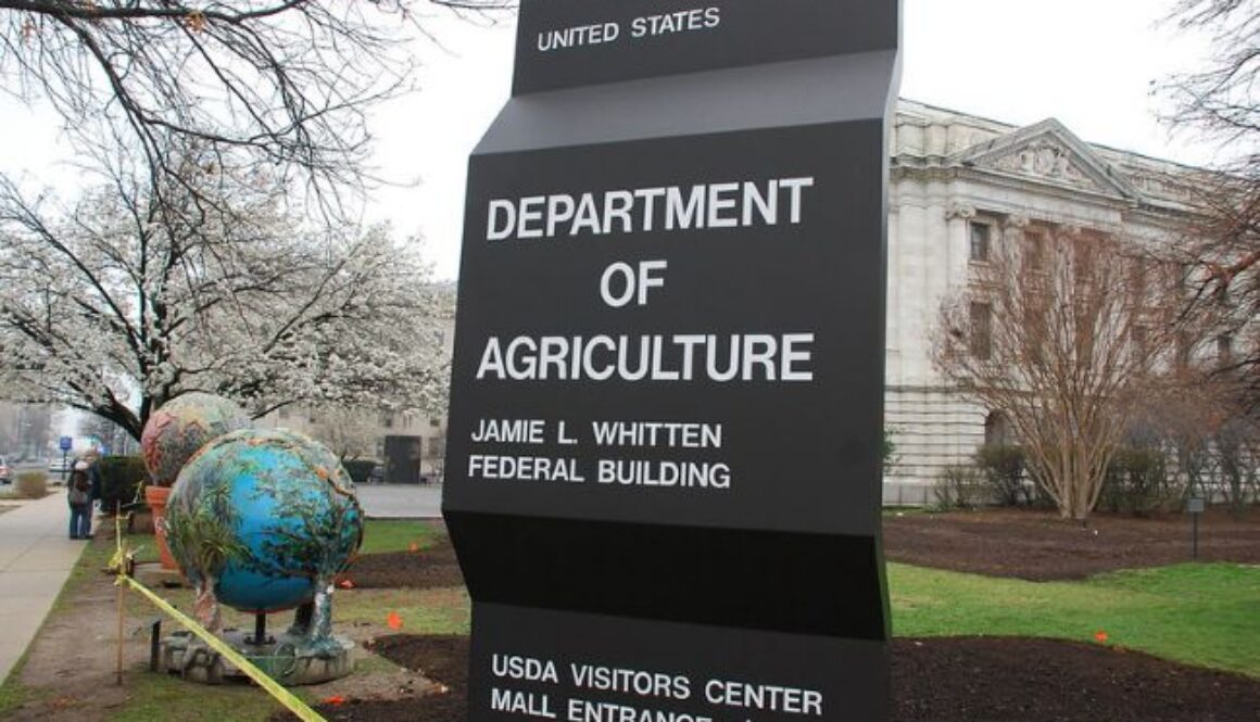 United States Department of Agriculture (USDA) headquarters sign in Washington, D.C., following an Inspector General audit into AI cybersecurity controls