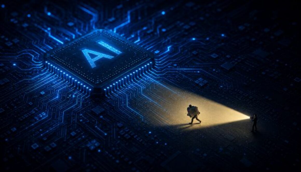 Glowing blue AI chip on a dark circuit board with two small human figures in a spotlight below, representing AI chip export controls enforcement.