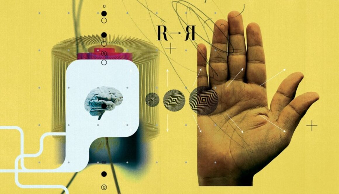 Abstract illustration of AI detection and human verification with a brain icon and hand, representing deepfake detection and synthetic media analysis
