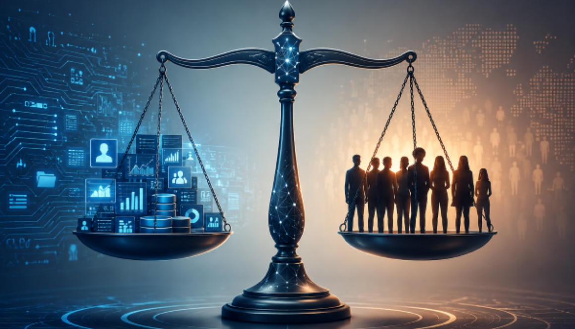 Justice scale balancing data systems and job applicants representing AI hiring lawsuit over consumer data use