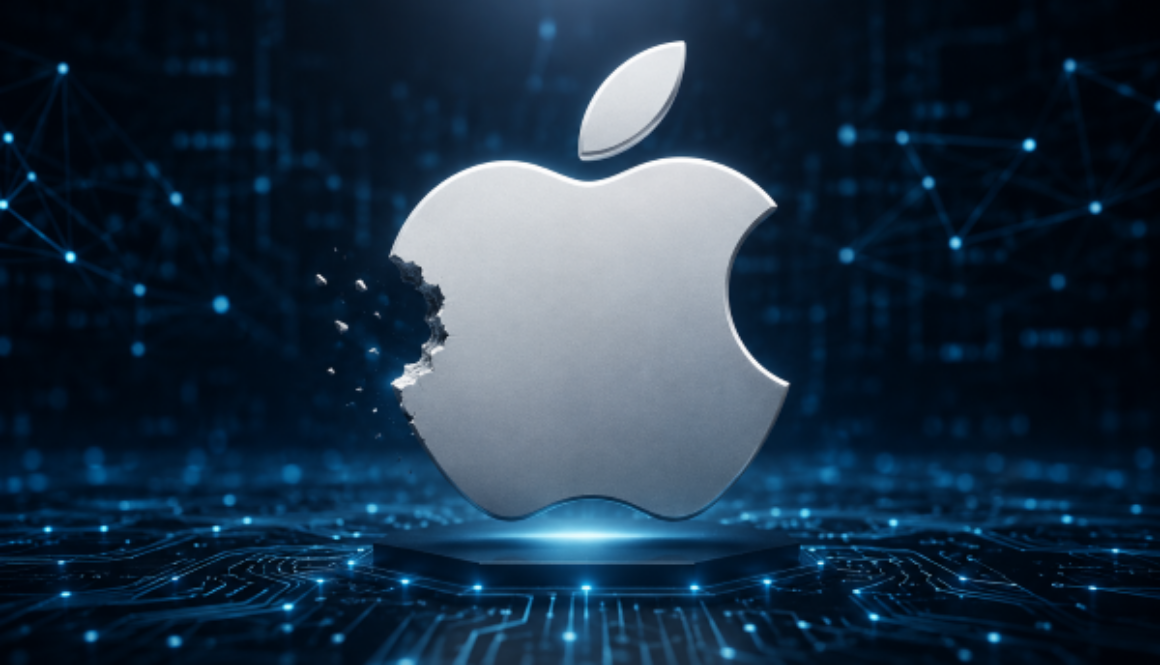 Apple logo with additional bite in a digital AI environment, representing macOS vulnerability exploit using AI-assisted techniques