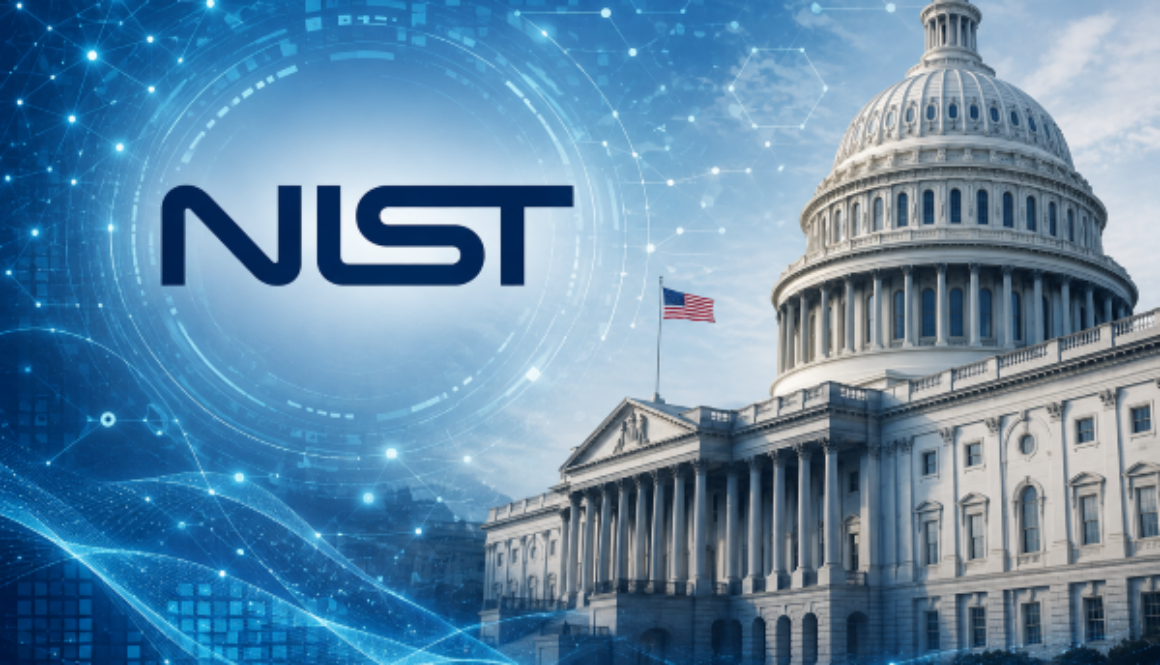 Abstract AI-themed background with the U.S. Capitol building and NIST logo representing proposed federal AI risk management legislation.