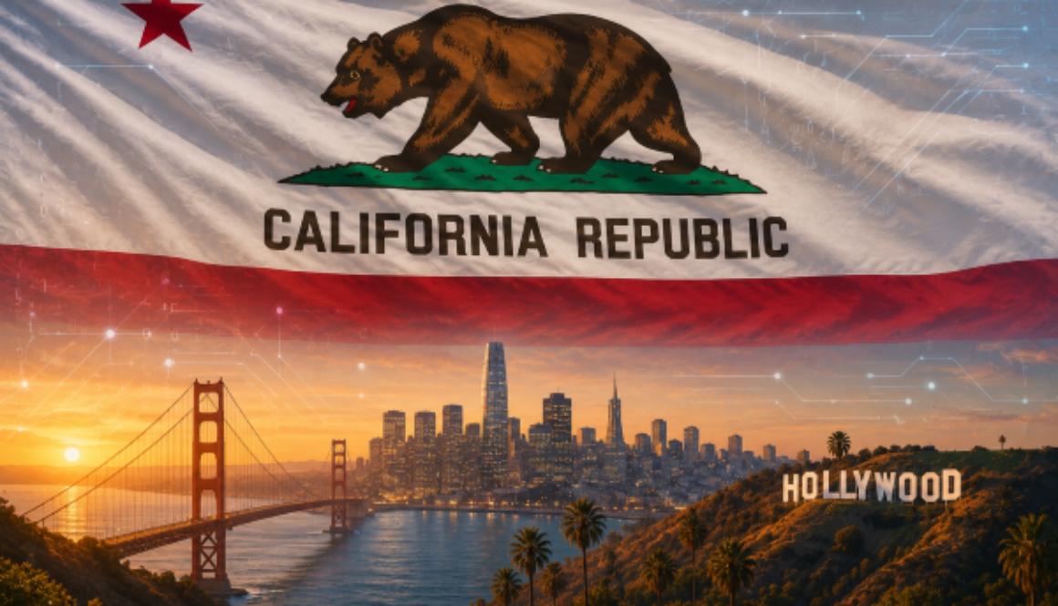 California state flag over San Francisco and Hollywood landmarks with an abstract AI network overlay representing California’s AI workforce executive order