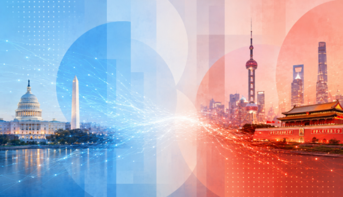 Abstract illustration representing AI governance discussions between the United States and China, with Washington and Beijing skylines connected by digital data stream