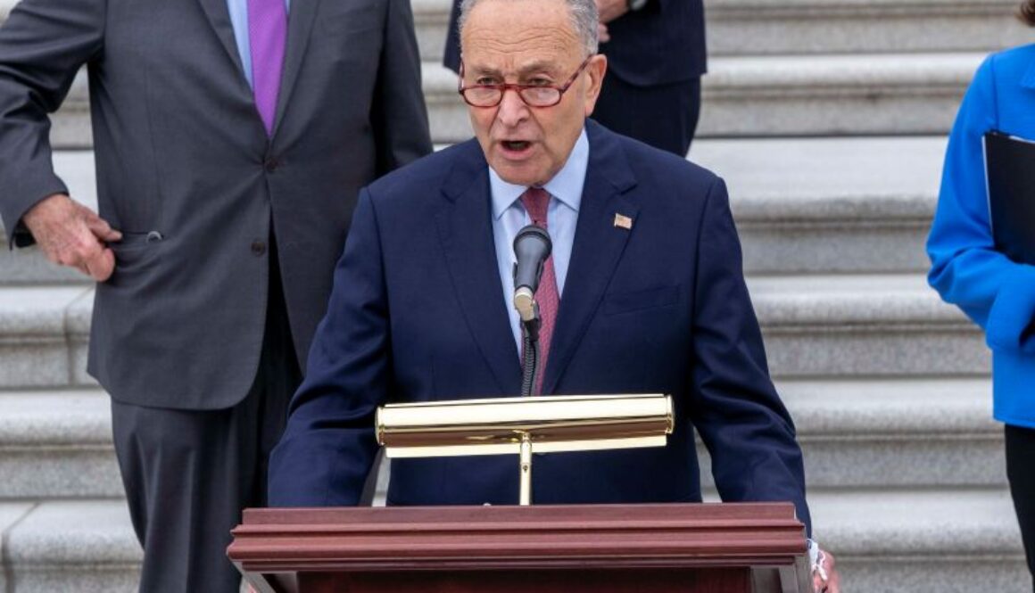Senator Chuck Schumer speaks at a podium about AI-driven cybersecurity risks facing U.S. infrastructure