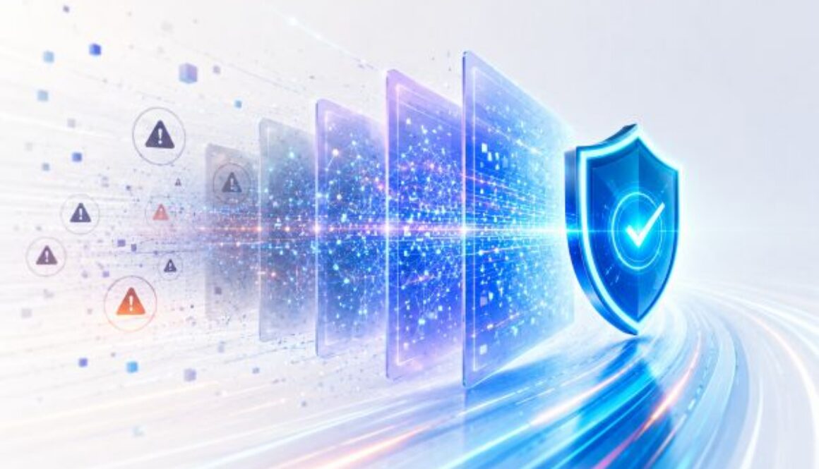 Abstract digital visualization of multiple translucent data panels with warning and alert icons flowing toward a glowing blue security shield with a checkmark, representing frontier AI's autonomous cyber threat capabilities