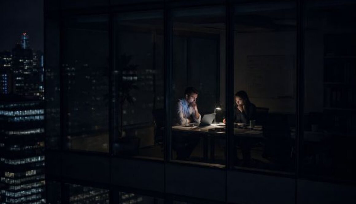 Two professionals at laptops in a glass high-rise office at night, city skyline behind them, reviewing AI safety benchmarks results.