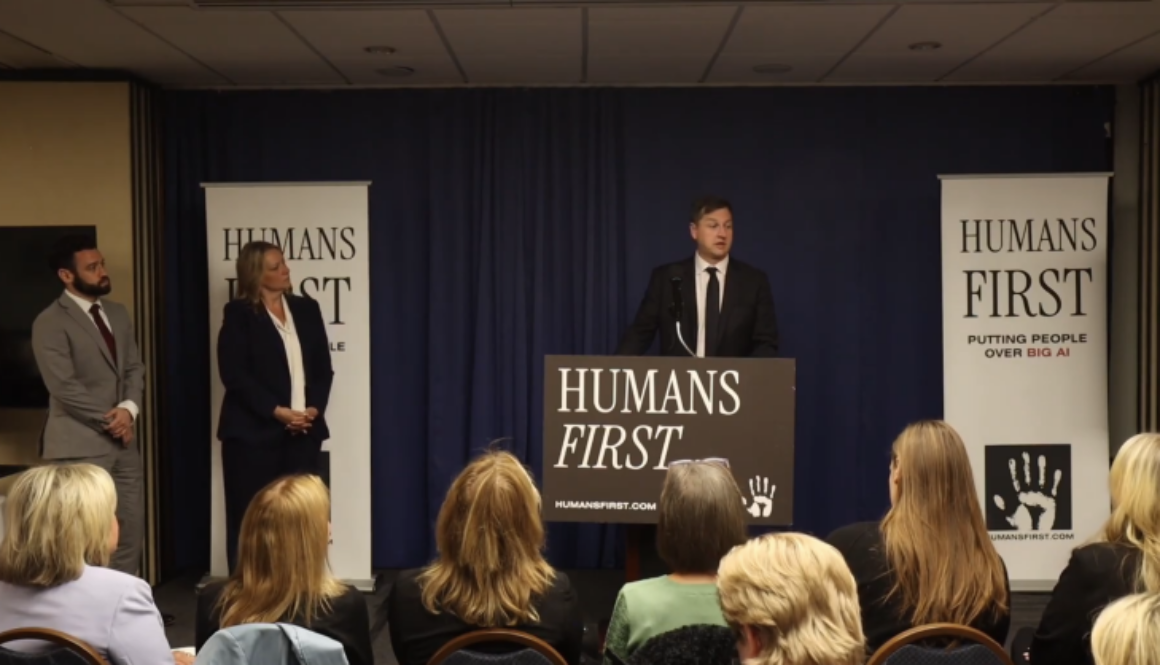 Humans First speakers discuss federal oversight and testing requirements for advanced AI systems at a public event