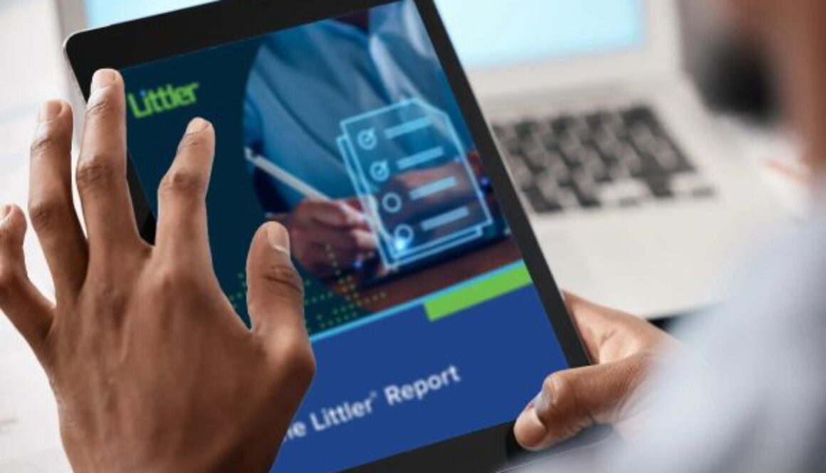 Executive reviewing the Littler AI workplace regulation survey report on a tablet device
