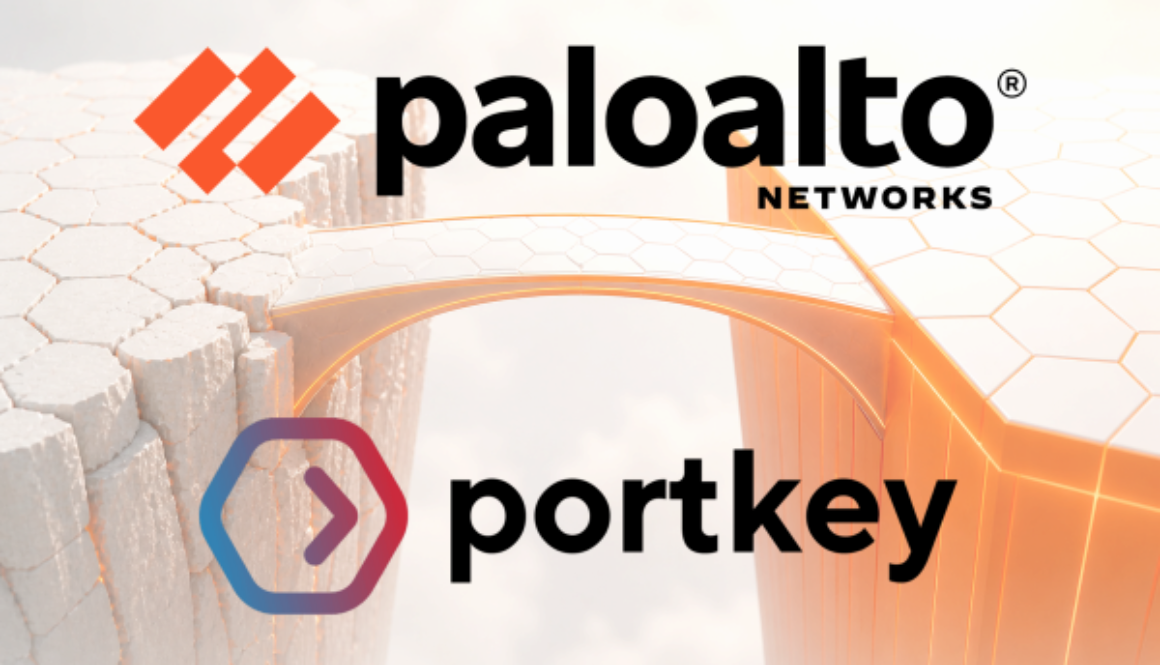 Abstract bridge connecting two platforms with Palo Alto Networks and Portkey logos, representing secure integration of agentic AI systems