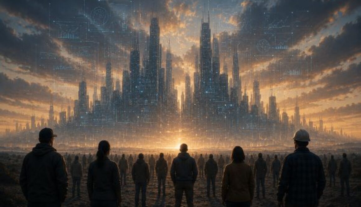 Silhouetted crowd before a glowing futuristic city with digital data patterns, representing public skepticism and demand for AI regulation.