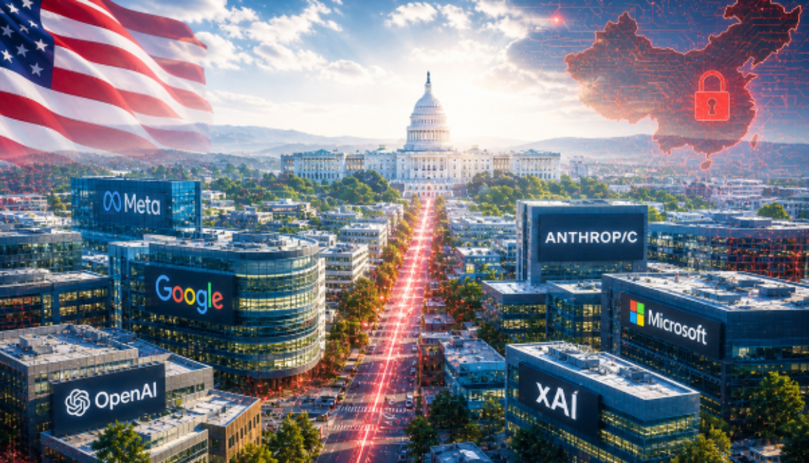 Bright abstract Silicon Valley skyline with AI company buildings, U.S. Capitol, American flag, and red cyber signals representing China-linked espionage risk
