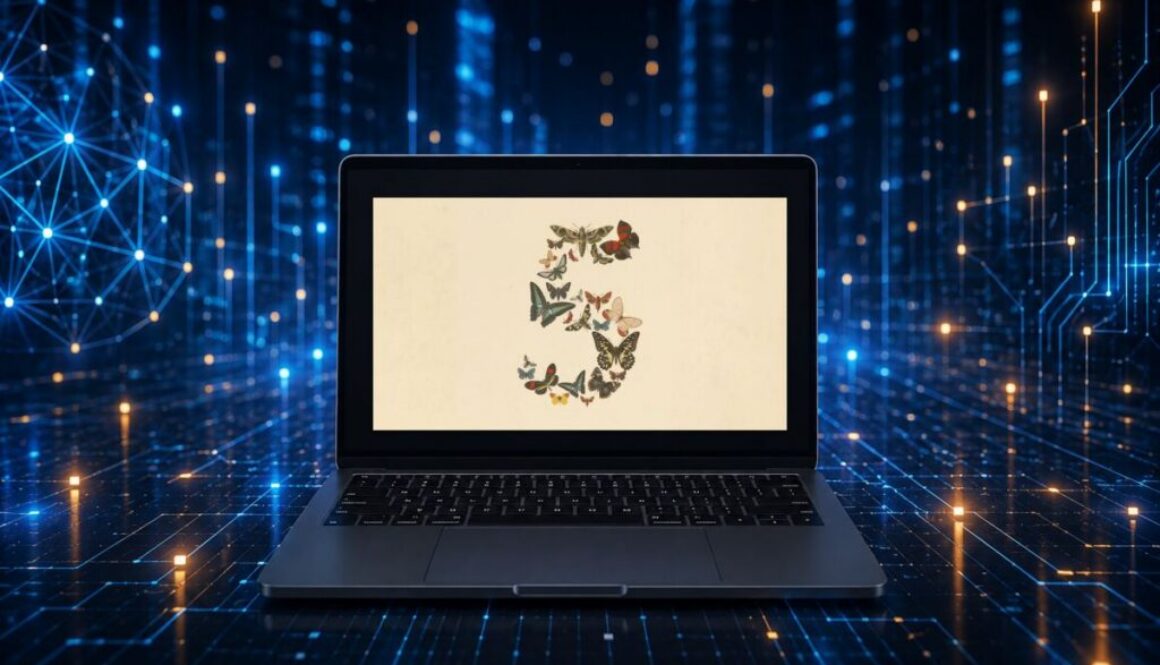 Vintage butterfly S illustration on a laptop screen amid a blue digital network, representing Anthropic Mythos 5 limited release.