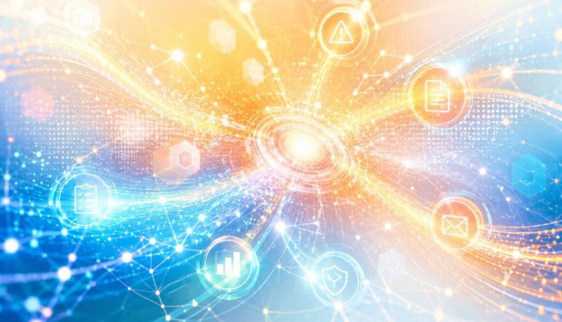 Abstract AI incident reporting image with glowing nodes and warning patterns for the AI Incident Reporting Act.