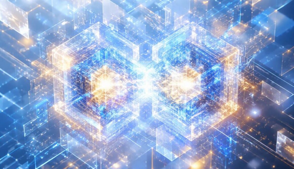Abstract blue wireframe cube structures with golden cores depicting AI building itself, for coverage of Anthropic's call for a global AI pause.