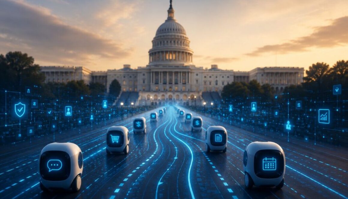 Cube-shaped autonomous AI agents rolling toward the U.S. Capitol on a glowing blue digital highway, for the AI AGENT Act article.