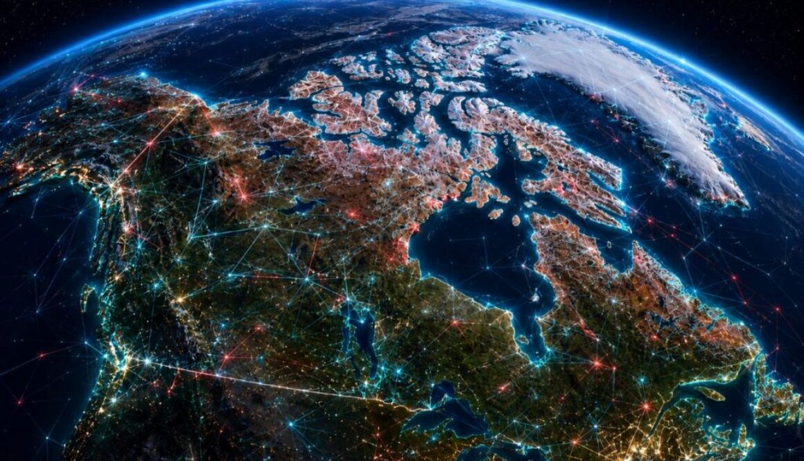 Canada viewed from space with an AI overlay for coverage of Bill C-34 and AI chatbot providers.