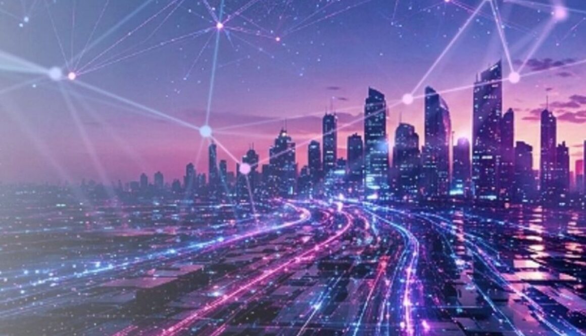 Futuristic city skyline with glowing data streams and network lines, from Check Point's 2026 Cloud Security Report.
