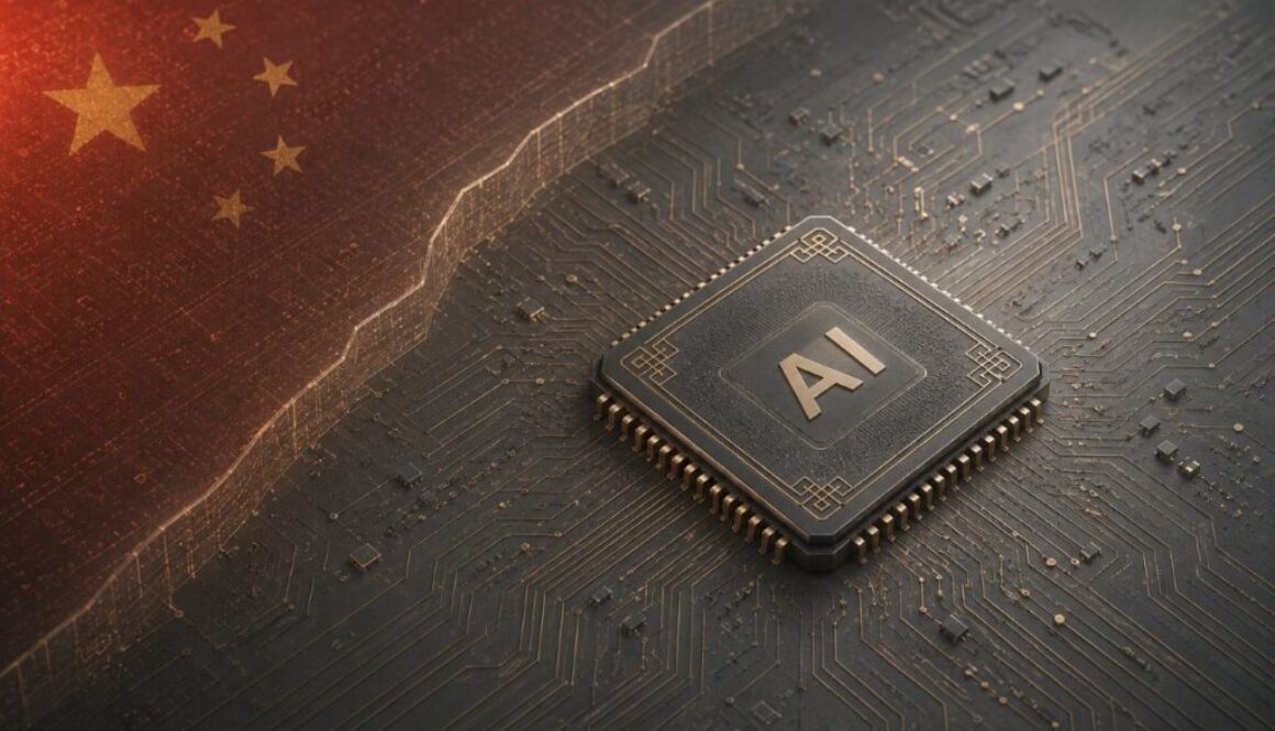 AI chip processor on dark circuit board against cracked Chinese flag, BIS AI chip export controls 2026.